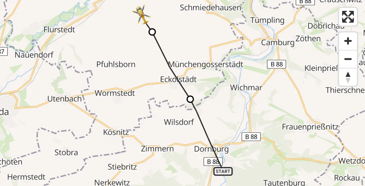 Flugroute Rettungshubschrauber Dornburg-Camburg - Niedertrebra, 18 Juni 2026, 16:17