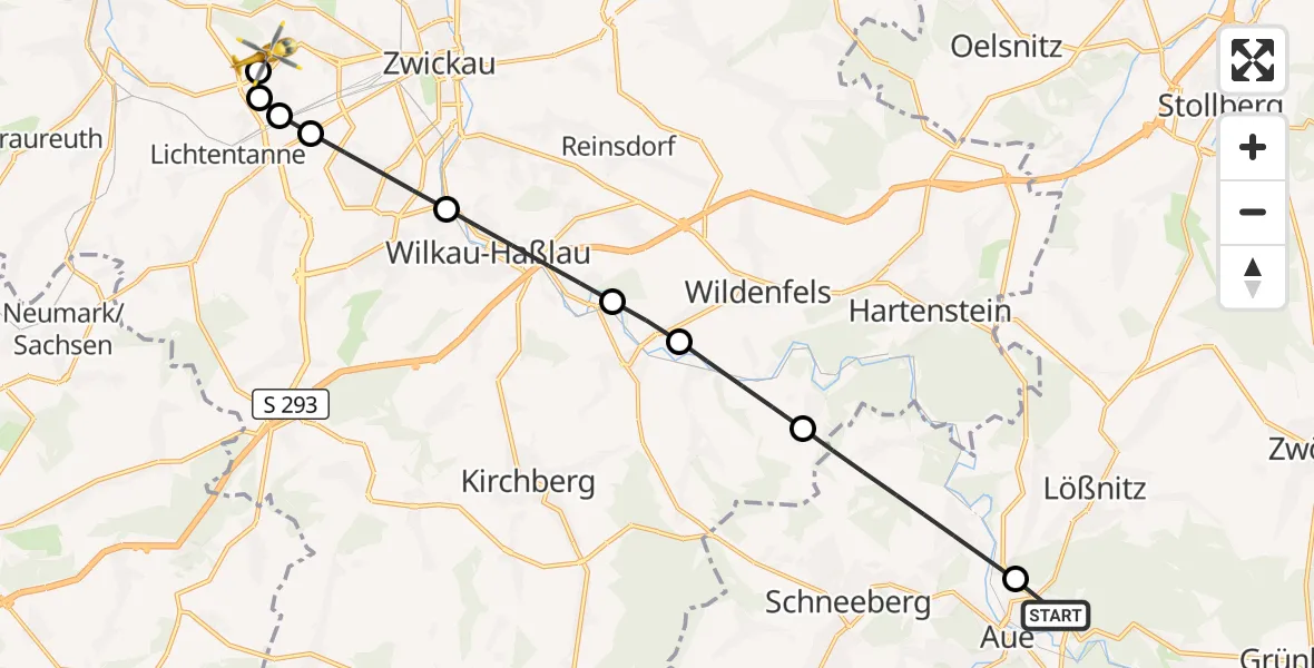 Flugroute Rettungshubschrauber Helios Clinic Aue - ADAC Air Rescue Station Zwickau Hubschrauberlandeplatz, 18 Juni 2026, 16:18