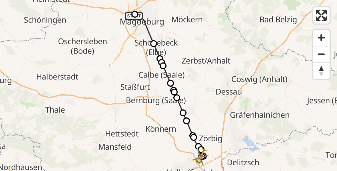 Flugroute Rettungshubschrauber Magdeburg Hospital - Halle-Oppin Flugplatz, 18 Juni 2026, 16:27