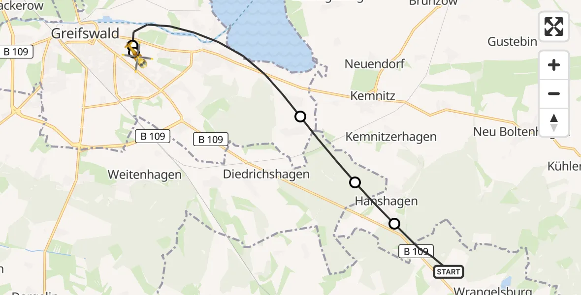 Flugroute Rettungshubschrauber Wrangelsburg - Greifswald Hospital, 18 Juni 2026, 16:33