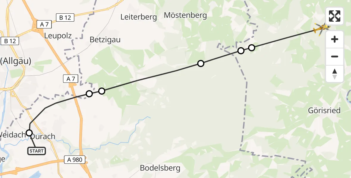Flugroute Rettungshubschrauber Kempten-Durach Flugplatz - Unterthingau, 18 Juni 2026, 16:33