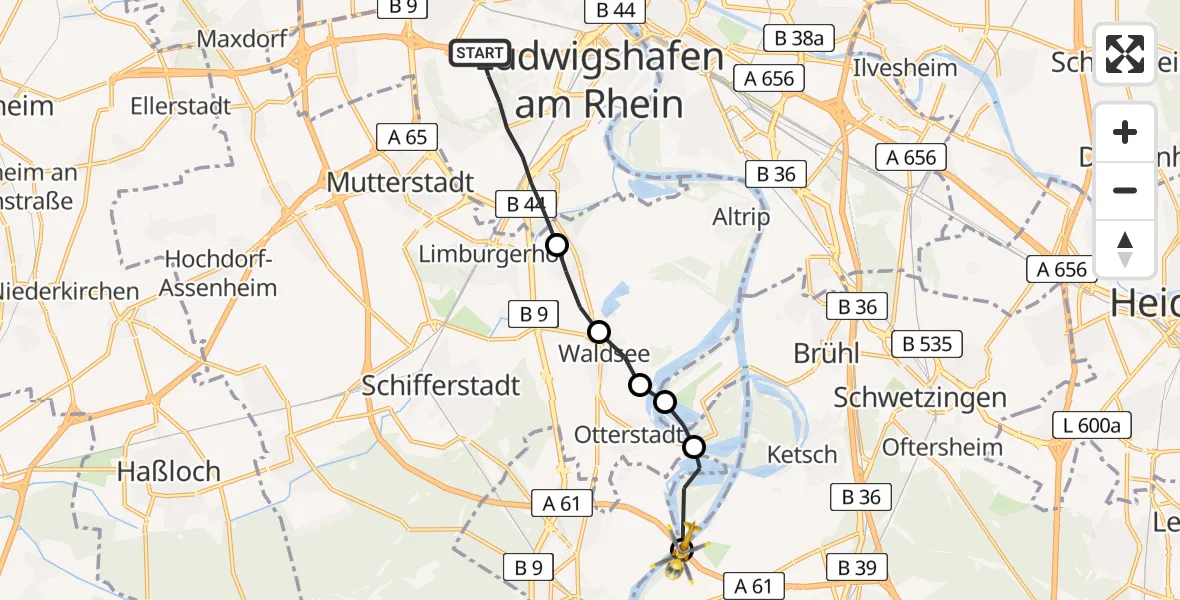 Flugroute Rettungshubschrauber Ludwigshafen am Rhein - Hockenheim, 18 Juni 2026, 16:38