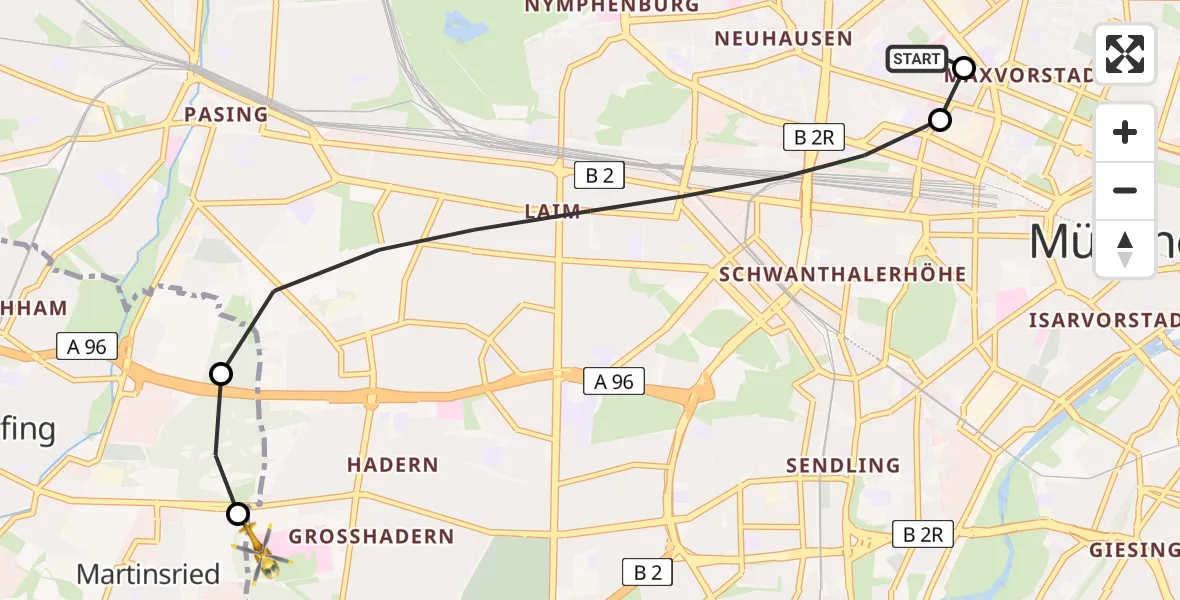 Flugroute Rettungshubschrauber Deutsches Herzzentrum München - DRF Air Rescue München Hubschrauberlandeplatz, 18 Juni 2026, 16:38