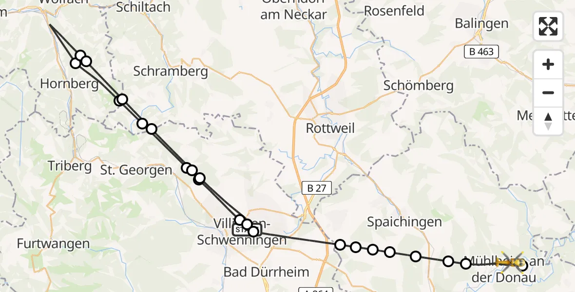 Flugroute Ambulanzhubschrauber DRF Air Rescue Station Villingen-Schwenningen Hubschrauberlandeplatz (Christoph 11) - Mühlheim an der Donau, 18 Juni 2026, 16:40