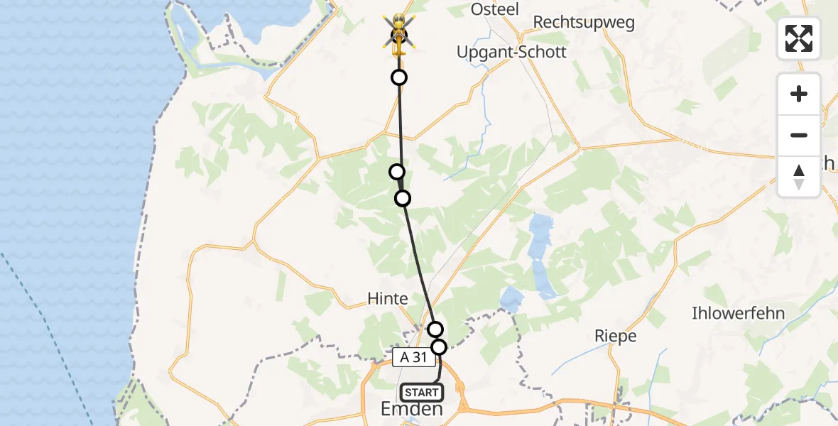 Flugroute Ambulanzhubschrauber Emden - Osteel, 18 Juni 2026, 16:47