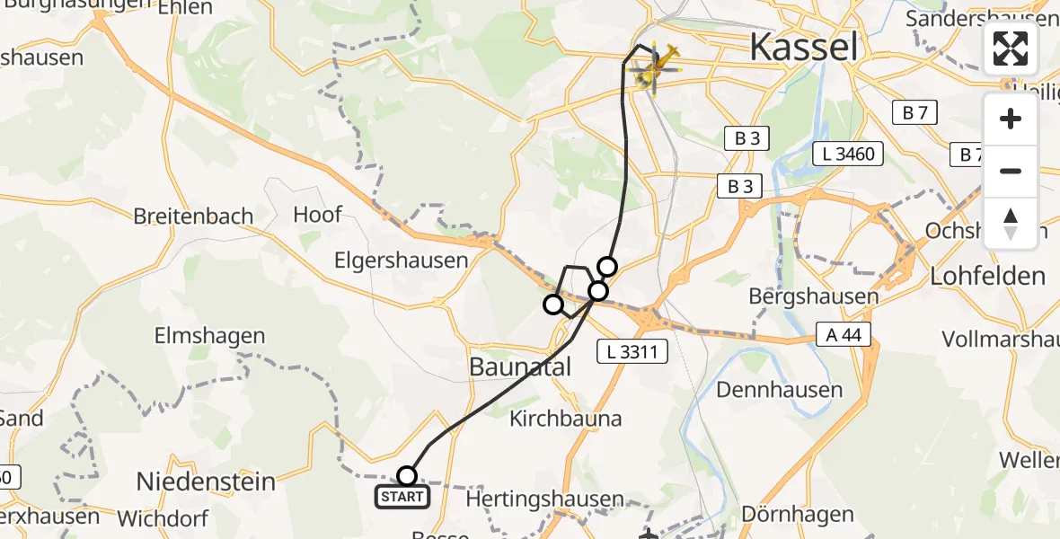 Flugroute Rettungshubschrauber Edermünde - Kassel, 18 Juni 2026, 16:49