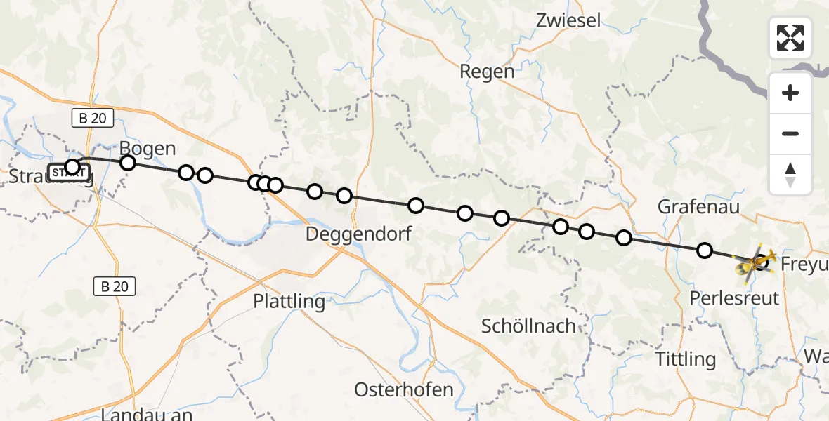 Flugroute Rettungshubschrauber Sankt Elisabeth Hospital Straubing - Ringelai, 18 Juni 2026, 16:50