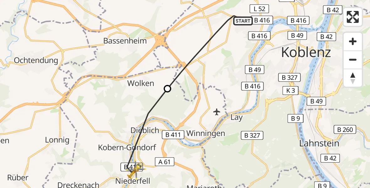 Flugroute Rettungshubschrauber Koblenz - Niederfell, 18 Juni 2026, 16:50