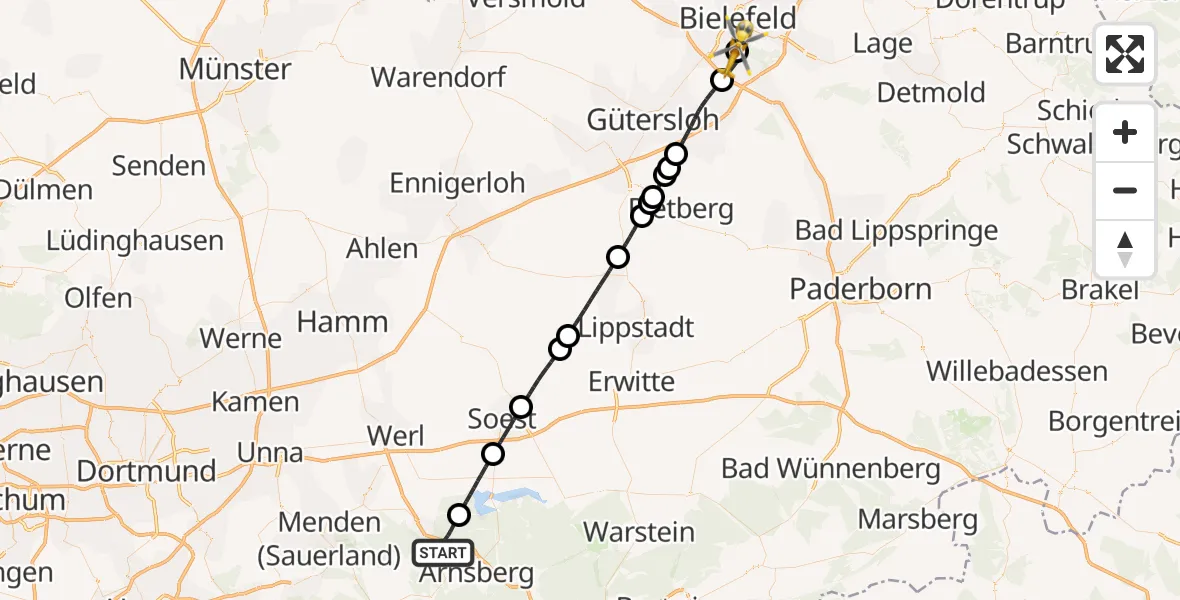 Flugroute Rettungshubschrauber Arnsberg - Luftrettungszentrum Bielefeld, 18 Juni 2026, 16:53