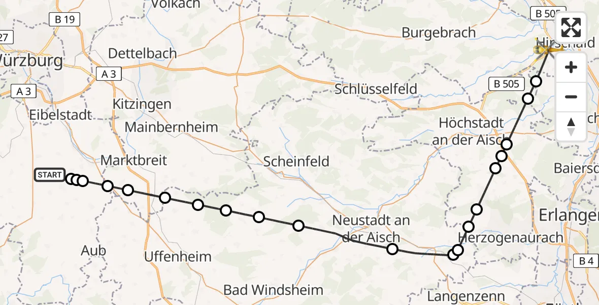 Flugroute Rettungshubschrauber Gaukönigshofen - Hirschaid, 18 Juni 2026, 17:00