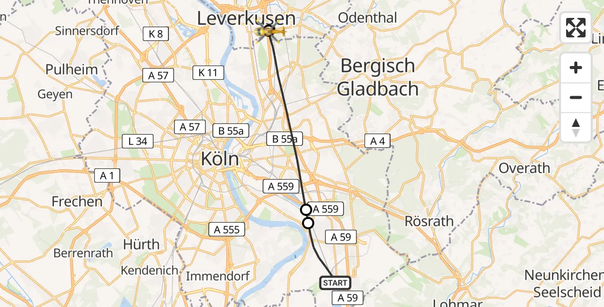Flugroute Rettungshubschrauber Köln - Leverkusen, 18 Juni 2026, 17:02