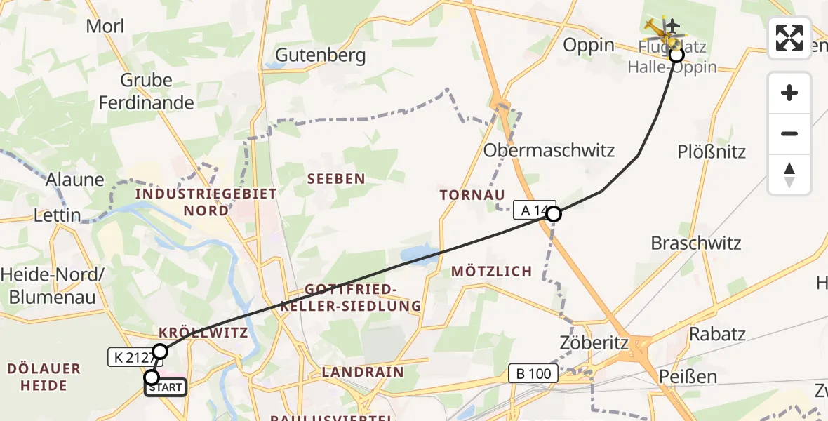 Flugroute Rettungshubschrauber Halle (Saale) University Hospital - Halle-Oppin Flugplatz, 18 Juni 2026, 17:04