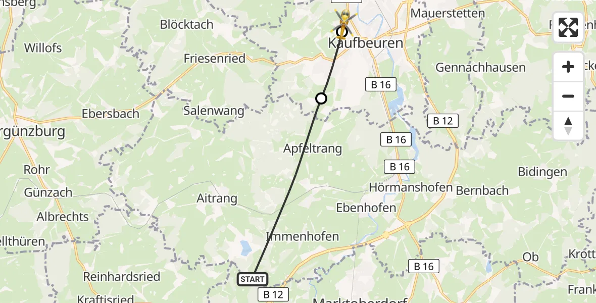 Flugroute Rettungshubschrauber Ruderatshofen - Ostallgäu-Kaufbeuren Hospital, 18 Juni 2026, 17:05