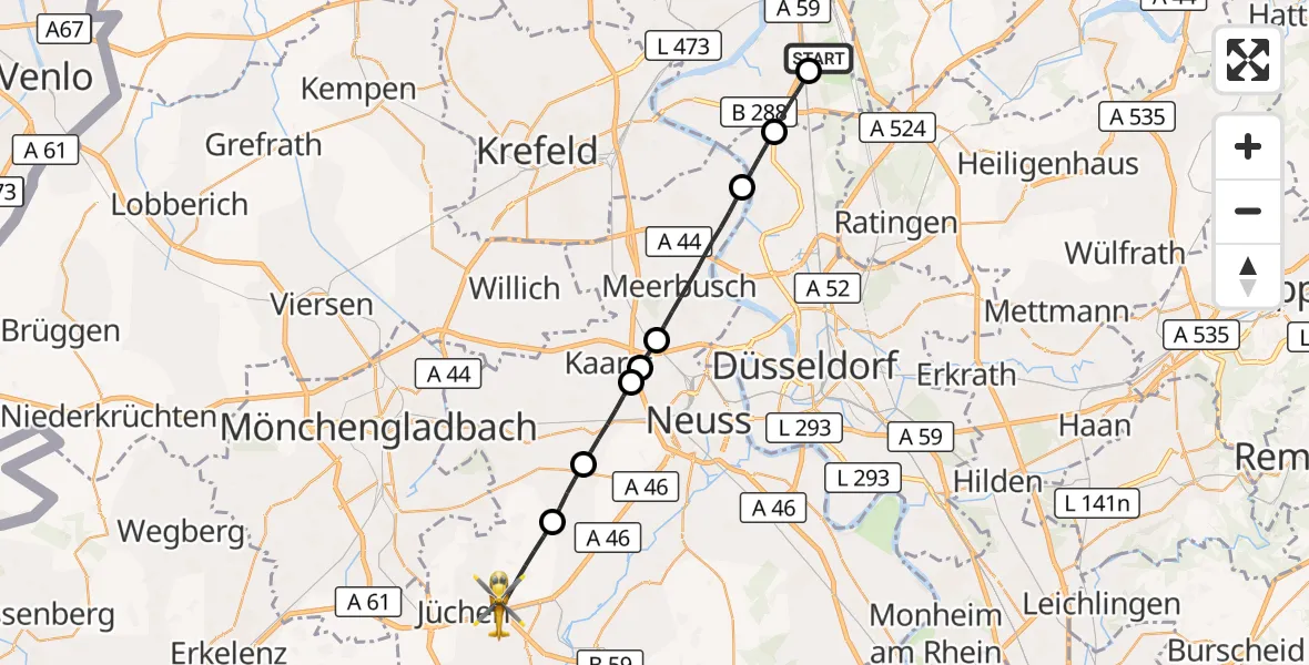 Flugroute Rettungshubschrauber Duisburg Air Rescue Hubschrauberlandeplatz (Christoph 9) - Jüchen, 18 Juni 2026, 17:06