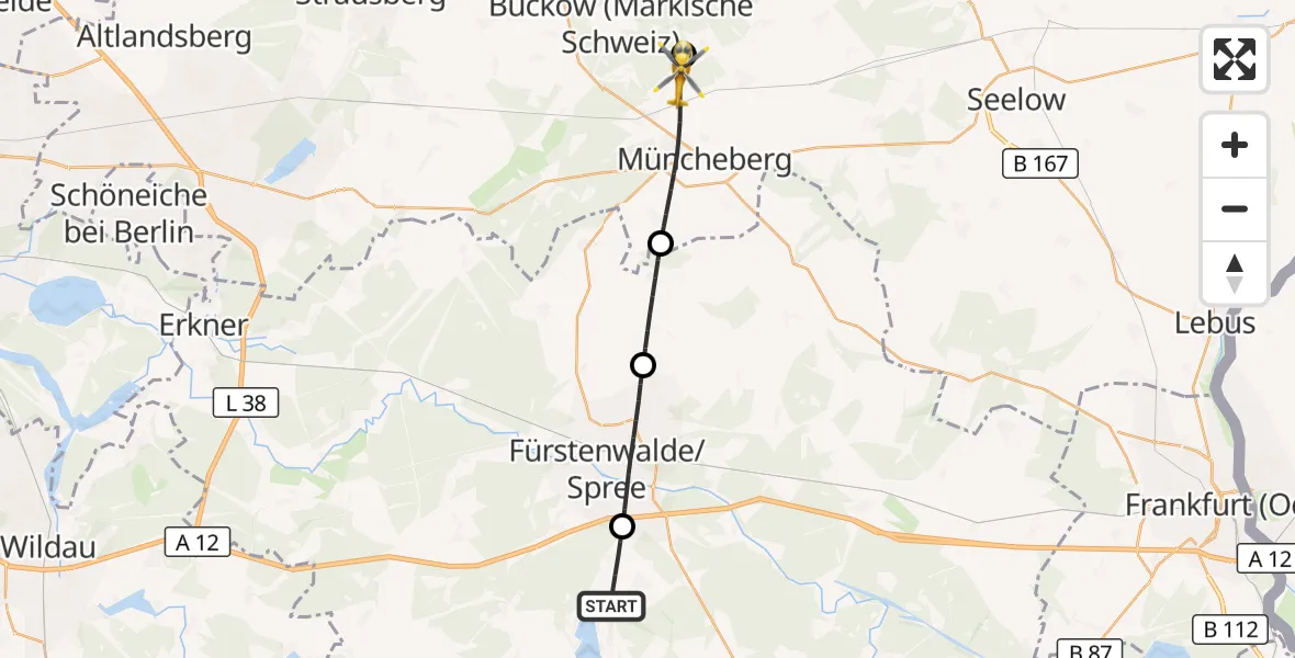 Flugroute Rettungshubschrauber Bad Saarow - Müncheberg, 18 Juni 2026, 17:06