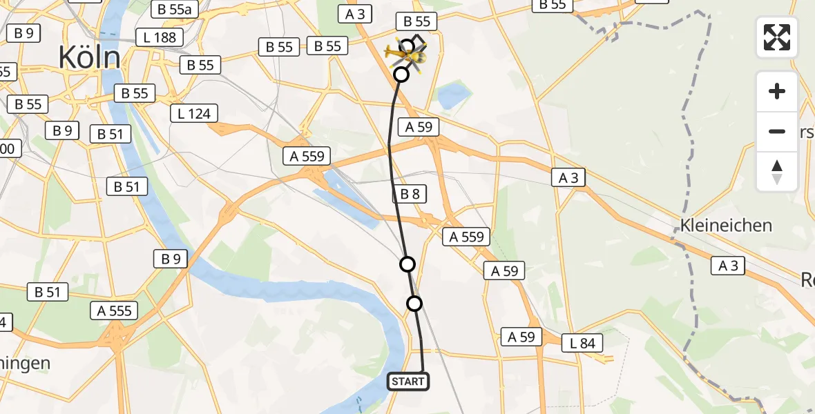 Flugroute Rettungshubschrauber Köln - Merheim Hospital, 18 Juni 2026, 17:08