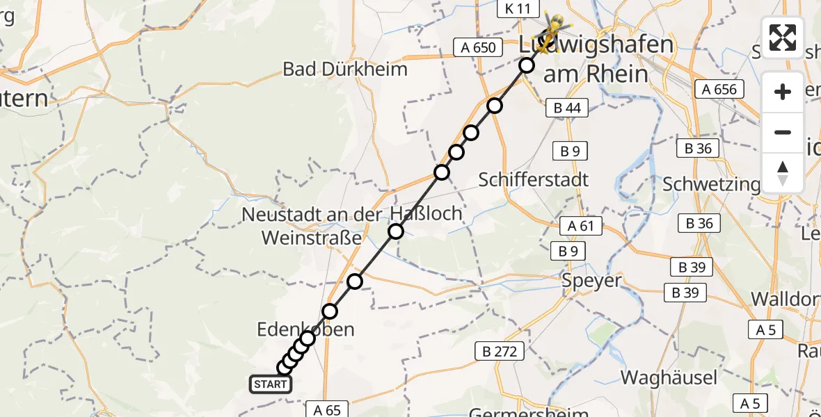 Flugroute Rettungshubschrauber Flemlingen - Ludwigshafen Accident Hospital, 18 Juni 2026, 17:12
