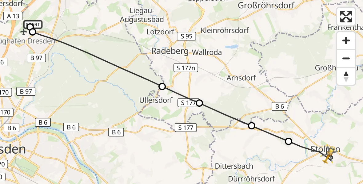 Flugroute Rettungshubschrauber Dresden Bundespolizei Hubschrauberlandeplatz - Stolpen, 18 Juni 2026, 17:15