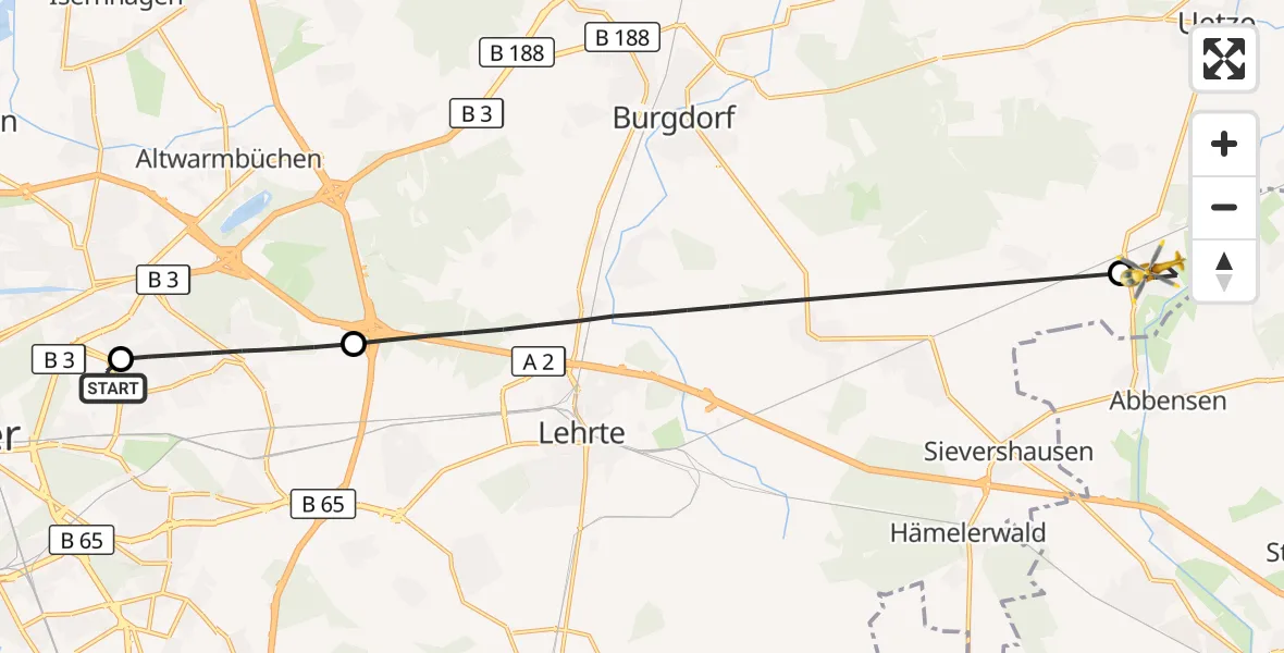 Flugroute Rettungshubschrauber Hannover Luftrettung Hubschrauberlandeplatz (Christoph 4) - Uetze, 18 Juni 2026, 17:17