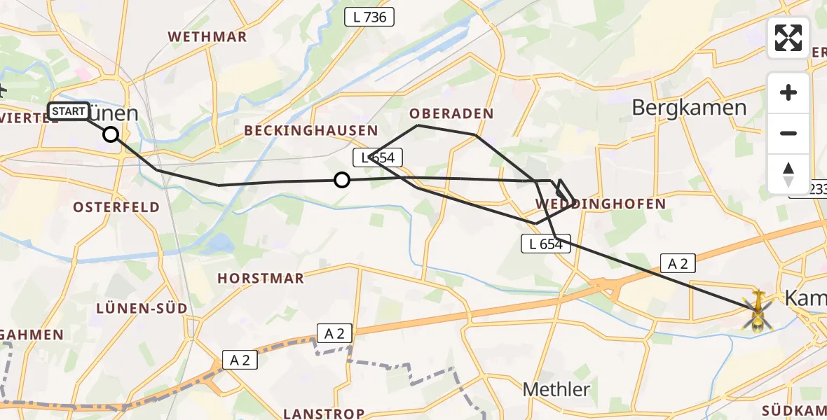 Flugroute Rettungshubschrauber Sankt Marien Hospital - Kamen, 18 Juni 2026, 17:18