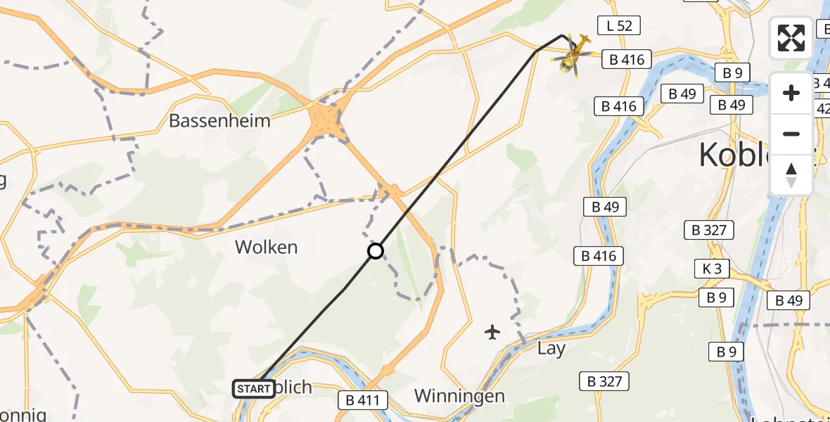 Flugroute Rettungshubschrauber Kobern-Gondorf - Koblenz, 18 Juni 2026, 17:21