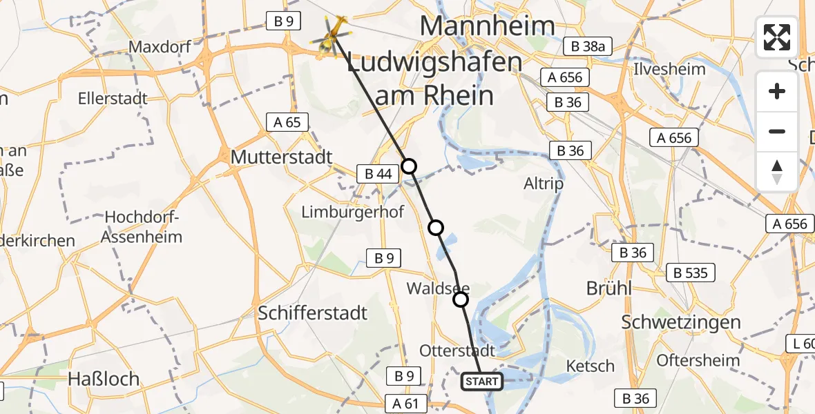 Flugroute Rettungshubschrauber Otterstadt - Ludwigshafen Accident Hospital Hubschrauberlandeplatz, 18 Juni 2026, 17:21