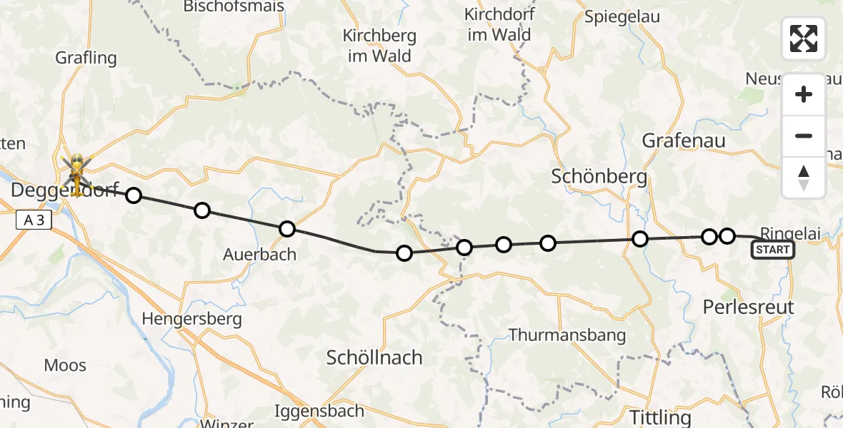 Flugroute Rettungshubschrauber Ringelai - Deggendorf, 18 Juni 2026, 17:27