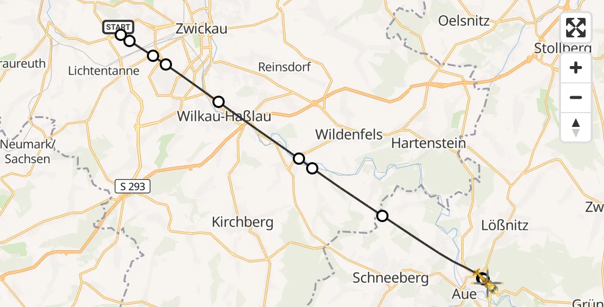 Flugroute Rettungshubschrauber ADAC Air Rescue Station Zwickau Hubschrauberlandeplatz - Helios Clinic Aue, 18 Juni 2026, 17:31