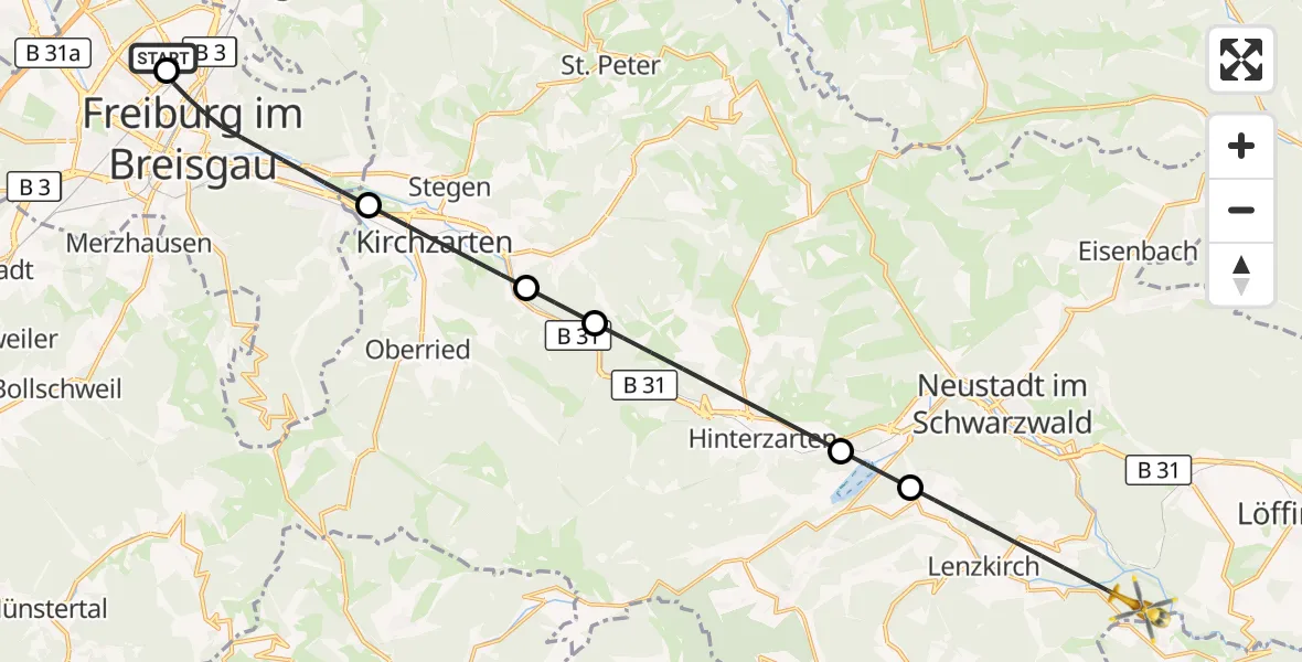 Flugroute Ambulanzhubschrauber Freiburg im Breisgau Flugplatz - Löffingen, 18 Juni 2026, 17:31