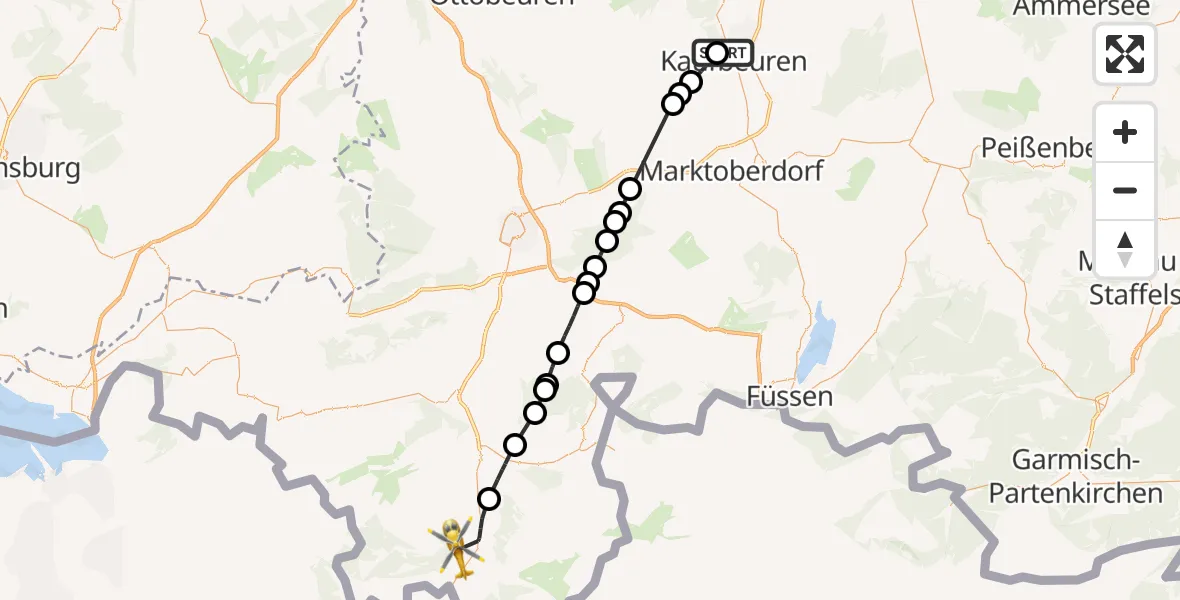 Flugroute Rettungshubschrauber Ostallgäu-Kaufbeuren Hospital - Oberstdorf, 18 Juni 2026, 17:32