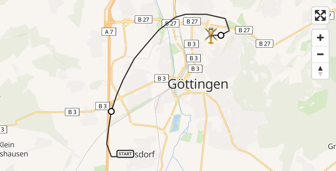 Flugroute Rettungshubschrauber Rosdorf - Göttingen University Clinic Hubschrauberlandeplatz, 18 Juni 2026, 17:37