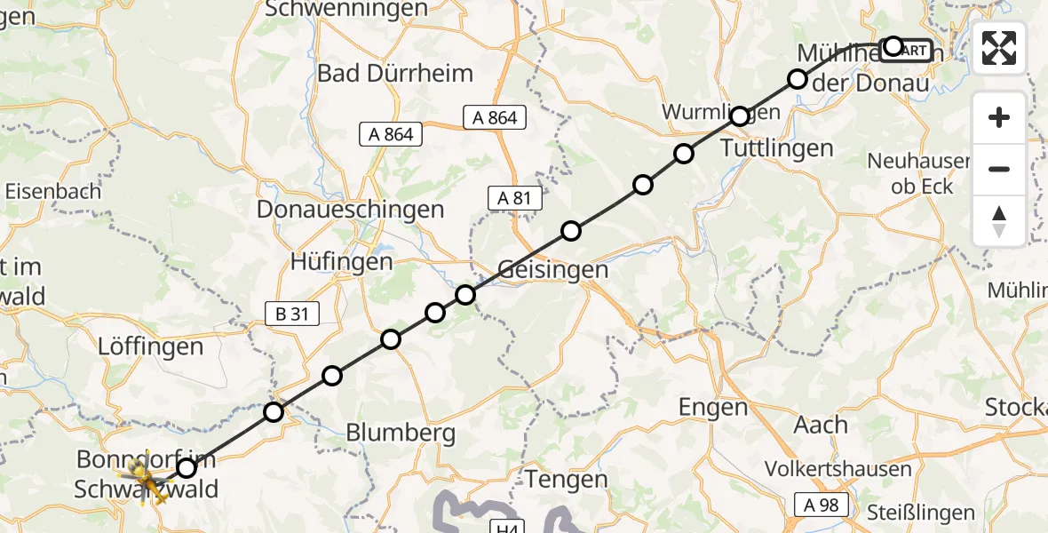 Flugroute Ambulanzhubschrauber Fridingen an der Donau - Bonndorf im Schwarzwald, 18 Juni 2026, 17:38