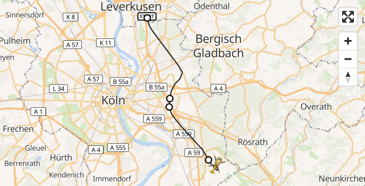 Flugroute Rettungshubschrauber Leverkusen - Köln Bonn Flughafen, 18 Juni 2026, 17:40