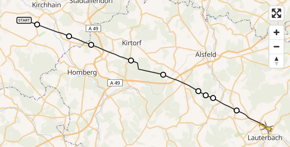 Flugroute Rettungshubschrauber Kirchhain - Lauterbach (Hessen), 18 Juni 2026, 17:43