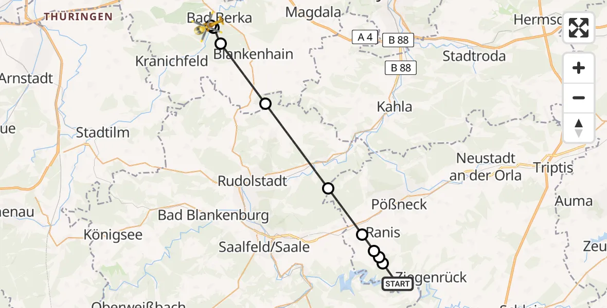 Flugroute Ambulanzhubschrauber Gössitz - Bad Berka Central Hospital, 18 Juni 2026, 17:43