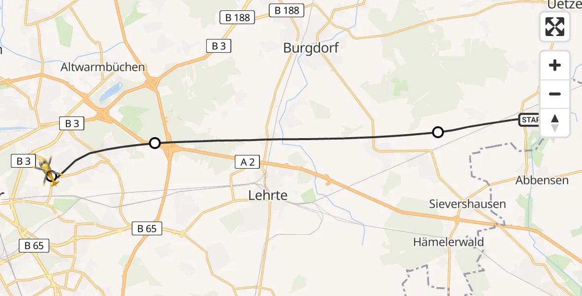 Flugroute Rettungshubschrauber Uetze - Hannover Luftrettung Hubschrauberlandeplatz (Christoph 4), 18 Juni 2026, 17:44