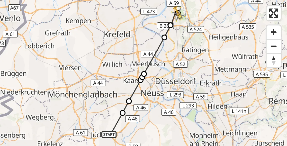 Flugroute Rettungshubschrauber Jüchen - Duisburg Air Rescue Hubschrauberlandeplatz (Christoph 9), 18 Juni 2026, 17:46