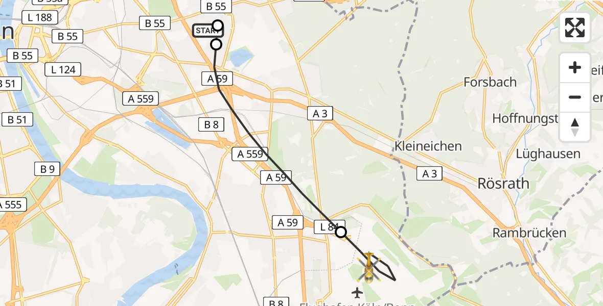 Flugroute Rettungshubschrauber Merheim Hospital - Köln Bonn Flughafen, 18 Juni 2026, 17:47
