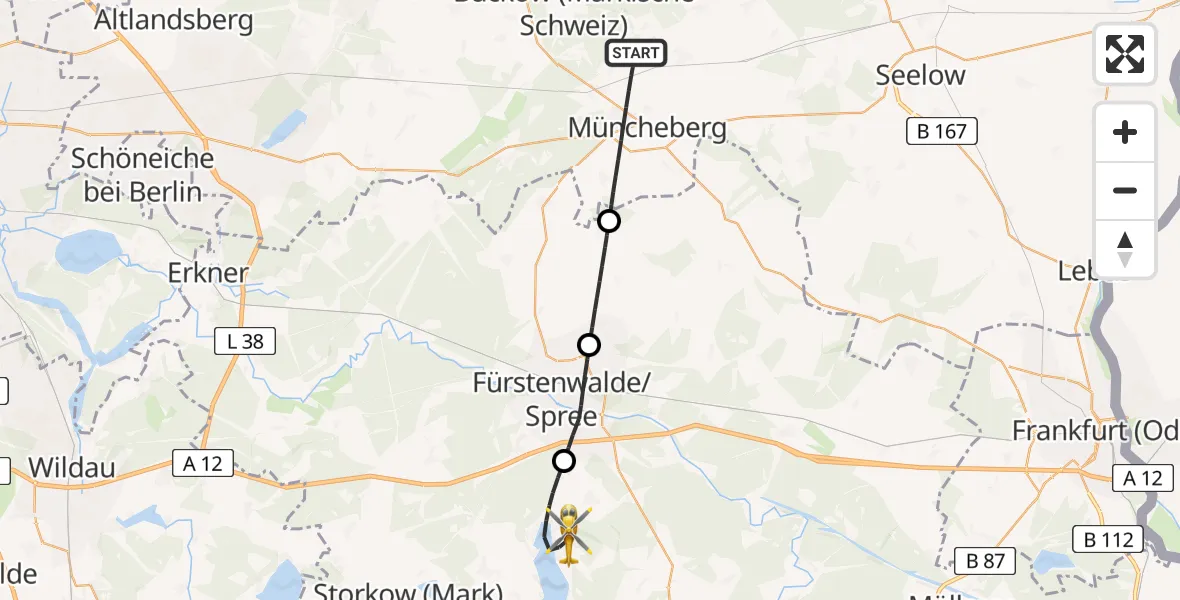 Flugroute Rettungshubschrauber Müncheberg - Bad Saarow, 18 Juni 2026, 17:50