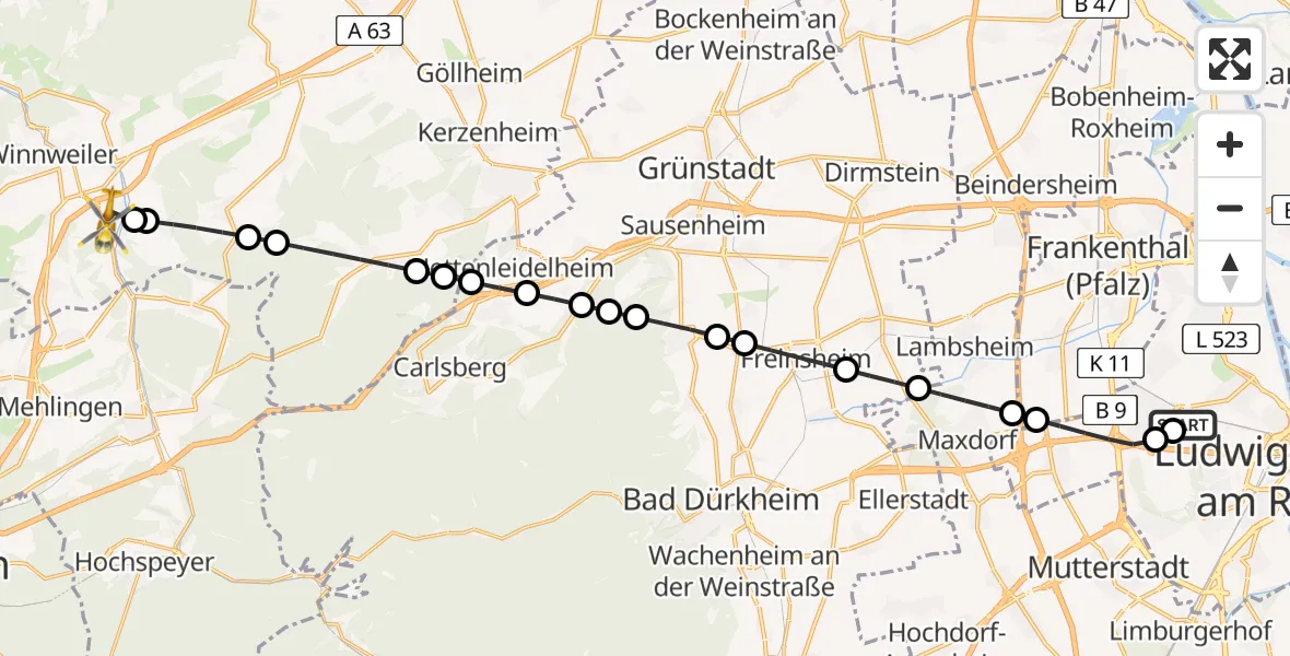 Flugroute Rettungshubschrauber Ludwigshafen Accident Hospital - Münchweiler an der Alsenz, 18 Juni 2026, 17:52