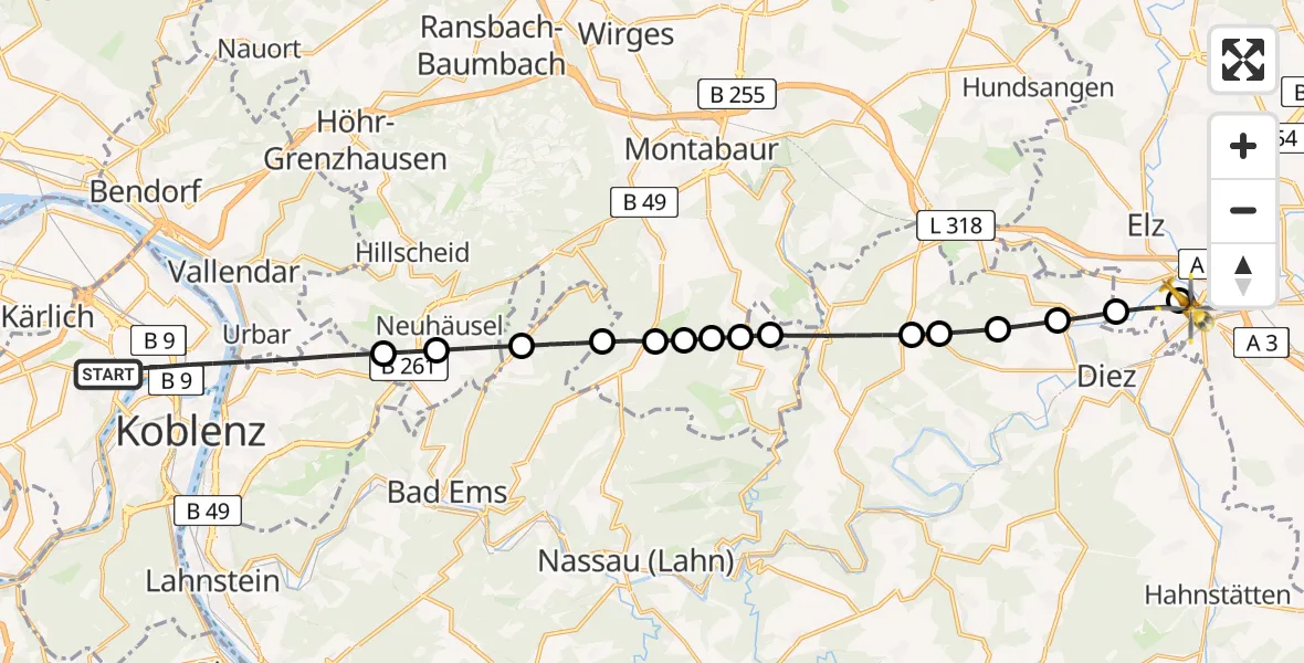 Flugroute Rettungshubschrauber Koblenz - Saint Vincent Hospital Limburg Hubschrauberlandeplatz, 18 Juni 2026, 17:53