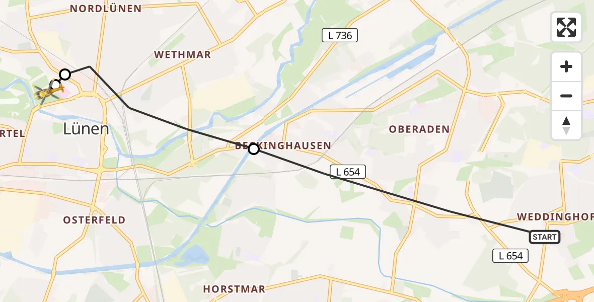 Flugroute Rettungshubschrauber Bergkamen - Sankt Marien Hospital, 18 Juni 2026, 17:58
