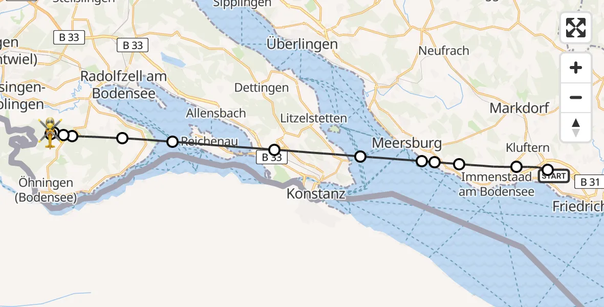 Flugroute Rettungshubschrauber Friedrichshafen Hospital - Öhningen, 18 Juni 2026, 18:01