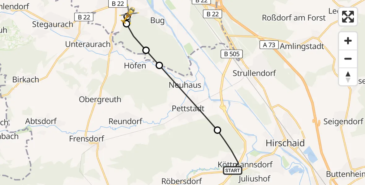 Flugroute Rettungshubschrauber Hirschaid - Bamberg Hospital, 18 Juni 2026, 18:04