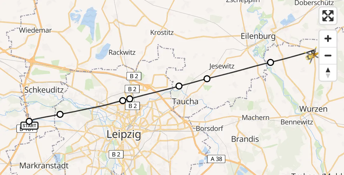 Flugroute Rettungshubschrauber ADAC Air Rescue Station Leipzig/Schkeuditz-Dölzig Hubschrauberlandeplatz (Christoph 61) - Thallwitz, 18 Juni 2026, 18:04