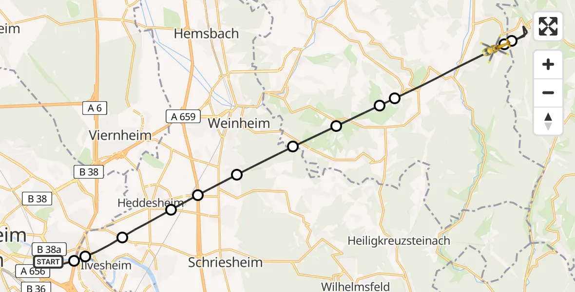Flugroute Rettungshubschrauber Mannheim-City Flughafen - Wald-Michelbach, 18 Juni 2026, 18:05