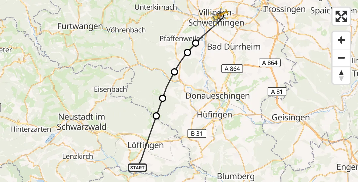 Flugroute Ambulanzhubschrauber Löffingen - DRF Air Rescue Station Villingen-Schwenningen Hubschrauberlandeplatz (Christoph 11), 18 Juni 2026, 18:06