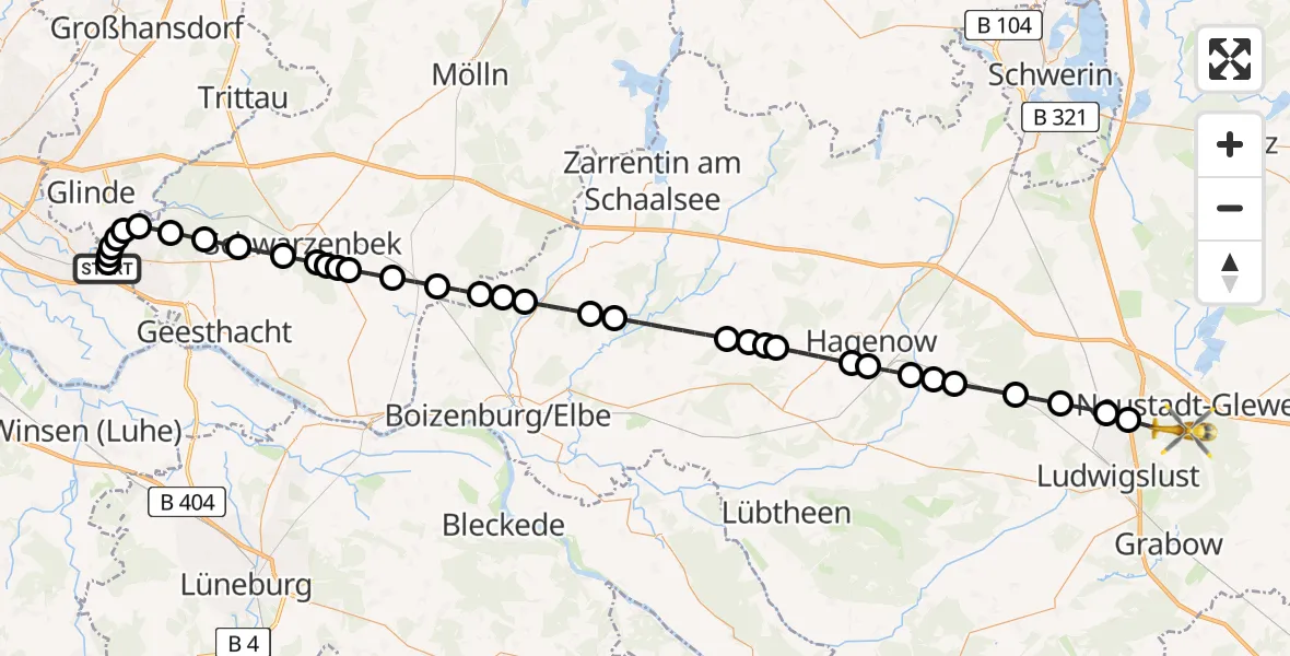 Flugroute Rettungshubschrauber Bethesda Hospital - Neustadt-Glewe, 18 Juni 2026, 18:09