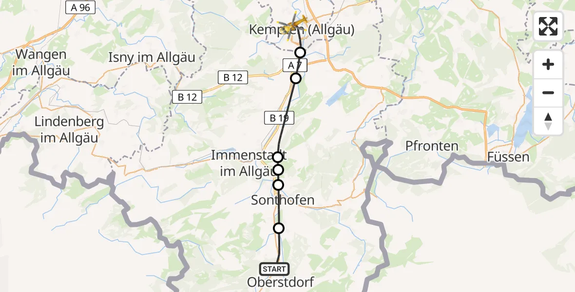 Flugroute Rettungshubschrauber Fischen i.Allgäu - Kempten (Allgäu), 18 Juni 2026, 18:12