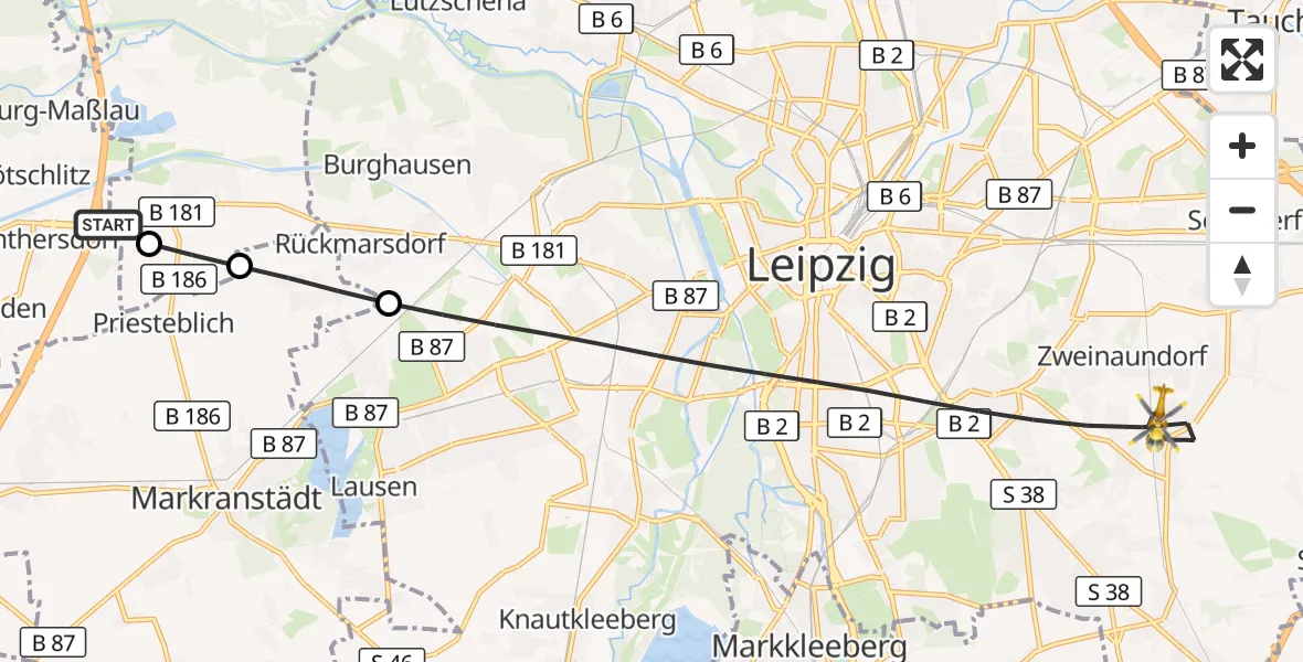 Flugroute Rettungshubschrauber ADAC Air Rescue Station Leipzig/Schkeuditz-Dölzig Hubschrauberlandeplatz (Christoph 61) - Leipzig, 18 Juni 2026, 18:13